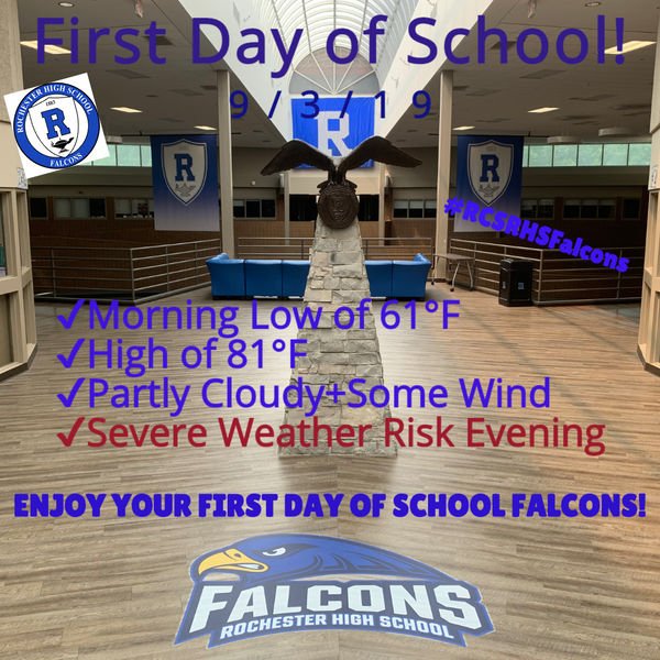 Falcon_Forecast's tweet photo. FIRST DAY OF SCHOOL FORECAST! Enjoy your first day of school Falcons! Stay tuned to some possible Severe weather tomorrow evening as we are under a slight risk for severe weather. #RCSRHSFalcons https://t.co/oCyCbNSiay