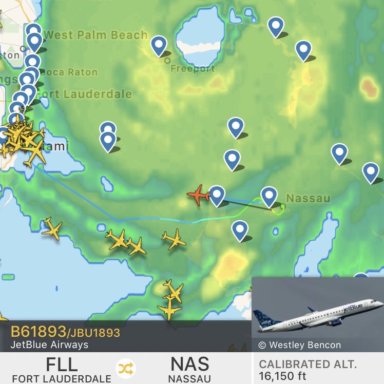 AndySlater's tweet photo. JUST NOW: @JetBlue flight from Ft. Lauderdale tries to land in Nassau, Bahamas, but fails. 

Plane now headed back to @FLLFlyer. https://t.co/sGMYTXoKJx