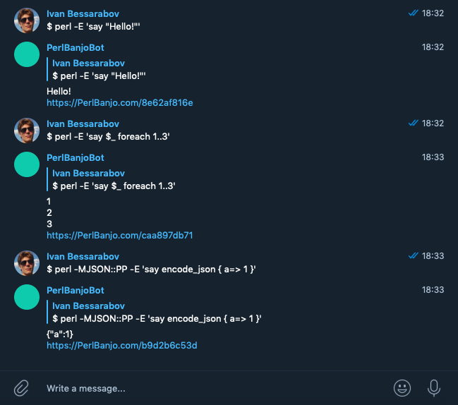 PerlBanjo's tweet photo. Small update to our Telegram bot https://t.co/LVJY6u30wz Now he can run not only Perl code, but also shell commands. Enter the $ symbol, then space and the the command. https://t.co/mWb5XDmcuJ