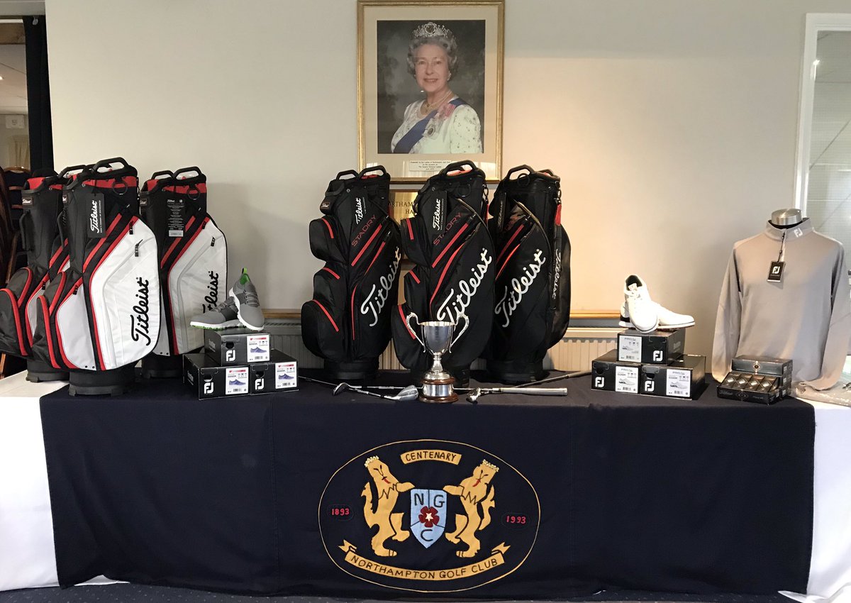 Prize table set up and looking good for our @PGAMidlands Pro Am tomorrow. Thanks to @MJJewellers @TitleistEurope and @WollastonBMW for all the support. Looking forward to a great day @NorthamptonGC 👌⛳️🏆