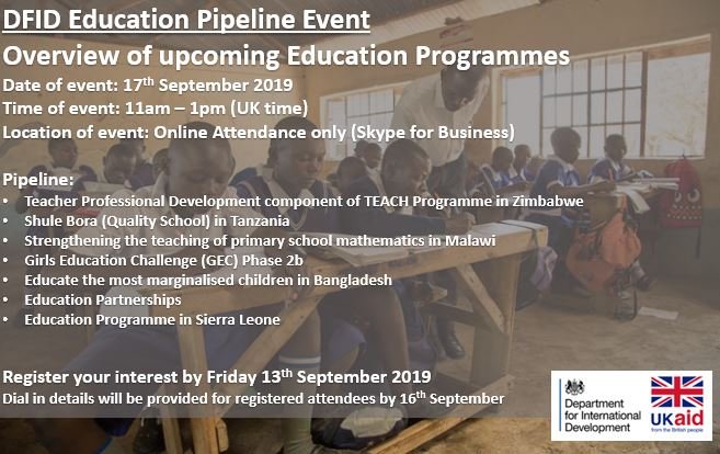 FCDOProcurement's tweet photo. #DFIDevent - Online Education Pipeline Event, 17th September 11am. Learn about upcoming #ukaid opportunities in the #education sector. Register your attendance here: https://t.co/BHrtZqfep3 #aidworks https://t.co/e6g0aTzmAR
