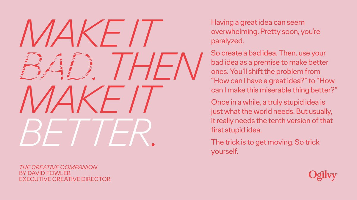 Ogilvy's tweet photo. Your weekly #MondayMotivation from the #CreativeCompanion

A collection of ideas for having ideas from 
@DFowlerNYC, our Executive #Creative Director.

Check out more #AgencyVoices, here: https://t.co/QVQjvGtyMx https://t.co/XpSQUD4MuM