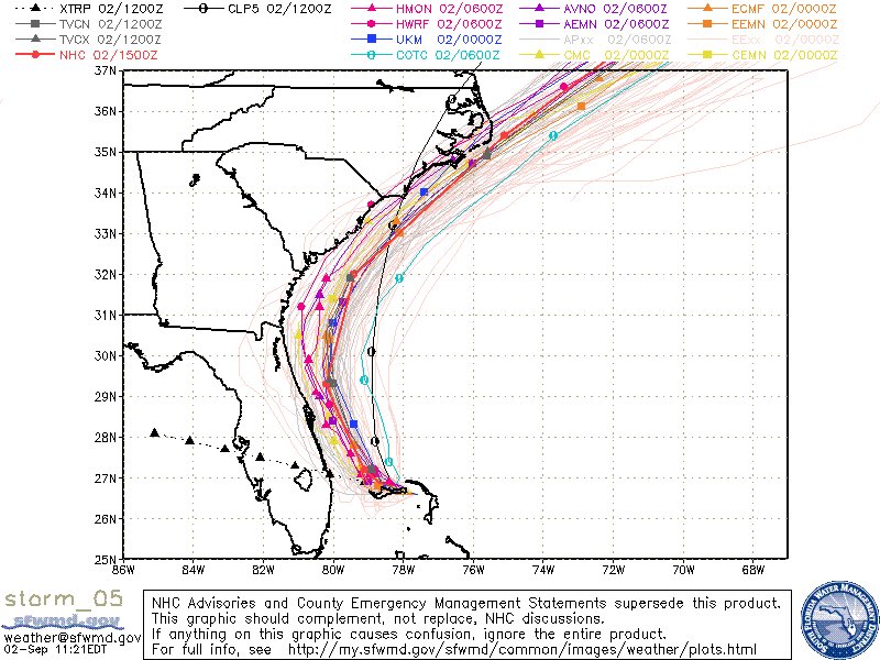 SurfnWeatherman's tweet photo. Update: #Dorian 11am track nudges a bit east, similar to the 11pm track last night. Models pretty consistent now. Turn baby turn! #HurricaneDorian #dorian2019 #florida #hurricane #flwx https://t.co/FA8v0cYrYu