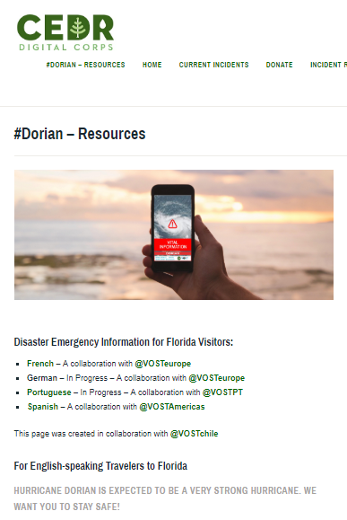<a href="/CEDRdigital/">CEDR Digital Corps</a>
&amp;
<a href="/VOSTAmericas/">VOSTamericas</a>

Joined efforts in this emergencies for foreign nationals vacationing in Florida and impacted by #HurricaneDorian. We have gathered hurricane resources for everyone to stay safe.

Visit: cedrdigitalcorps.org/dorian

#Dorian #Florida #Miami #Orlando #Tampa