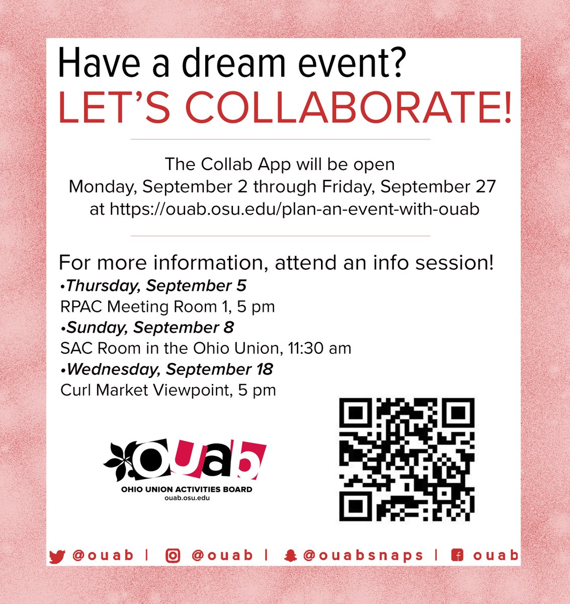 Interested in collaborating with us on an event for the Spring 2020 semester? Our Collab Application is now OPEN and will be through September 27! To apply, visit the link via the QR code attached and for more information, attend an info session. We can’t wait to Collab with you!