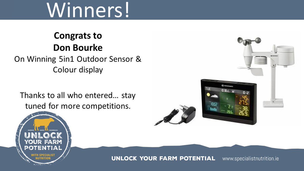 specialistnutri's tweet photo. Congratulations to Don Bourke on winning the 5 in 1 Weather Station!
Thanks to all who entered!
#UnlockYourFarmPotential https://t.co/rCr928OPwh