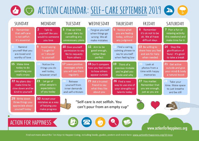 samaritans's tweet image. We love these calendars from @actionhappiness, and this month is a cracker. We hope you can embrace #selfcare September. Our favourite action this month is 'forgive yourself when things go wrong.' What's your favourite? ow.ly/GHRs50vSLVf