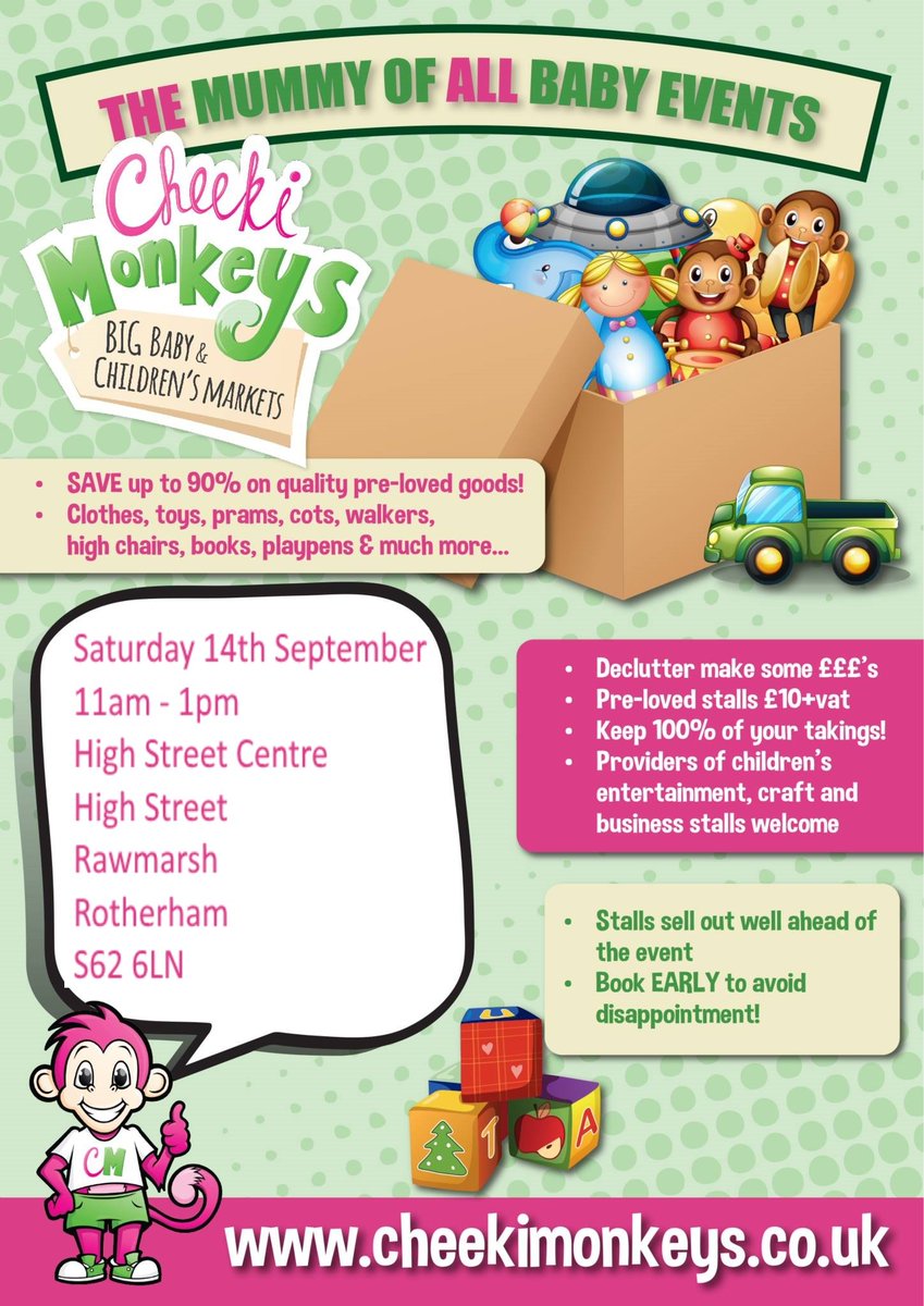 CheekiS64's tweet photo. Come along to The High Street Centre, Rawmarsh, Rotherham on 14th September for our BIG Baby &amp; Children's Market where you can find pre-loved bargains, hair accessories, fairy doors, brand new toys, children's custom clothes and more! #rotherhamiswonderful #ATSocialMedia https://t.co/efPYQ3TGBd