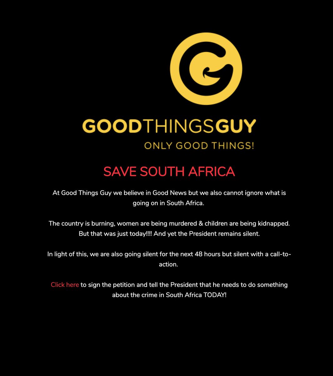 GoodThingsGuy's tweet image. At @GoodThingsGuy we believe in Good News but we also cannot ignore what is going on in SA. 

The country is burning, women are being murdered &amp;amp; children are being kidnapped. 

But that was just today!!!! 

And yet the President remains silent.

#EnoughIsEnough #SaveSouthAfrica