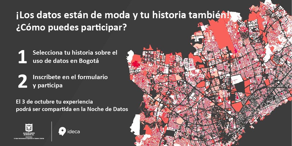 CatastroBogota's tweet photo. 🖇️#NocheDeDatos l ¿Has 🧐usado datos para implementar algún proyecto, iniciativa o herramienta? Nos gustaría conocer tu experiencia. Participa en nuestra convocatoria. ¡Los datos están de moda, y tu historia también! 👉 https://t.co/c0hynXC9DX https://t.co/7m8xSOQkrh