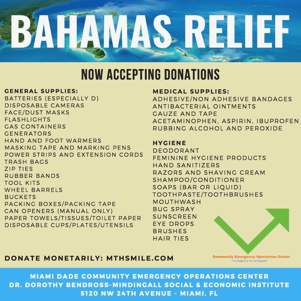 FLRising's tweet photo. Updated list of donations needed to send relief to many families in #Bahamas after #HurricaneDorian. Bring them to the CEOC in #Miami or donate via https://t.co/ZNBOsIEngY https://t.co/NaWKaujr0d