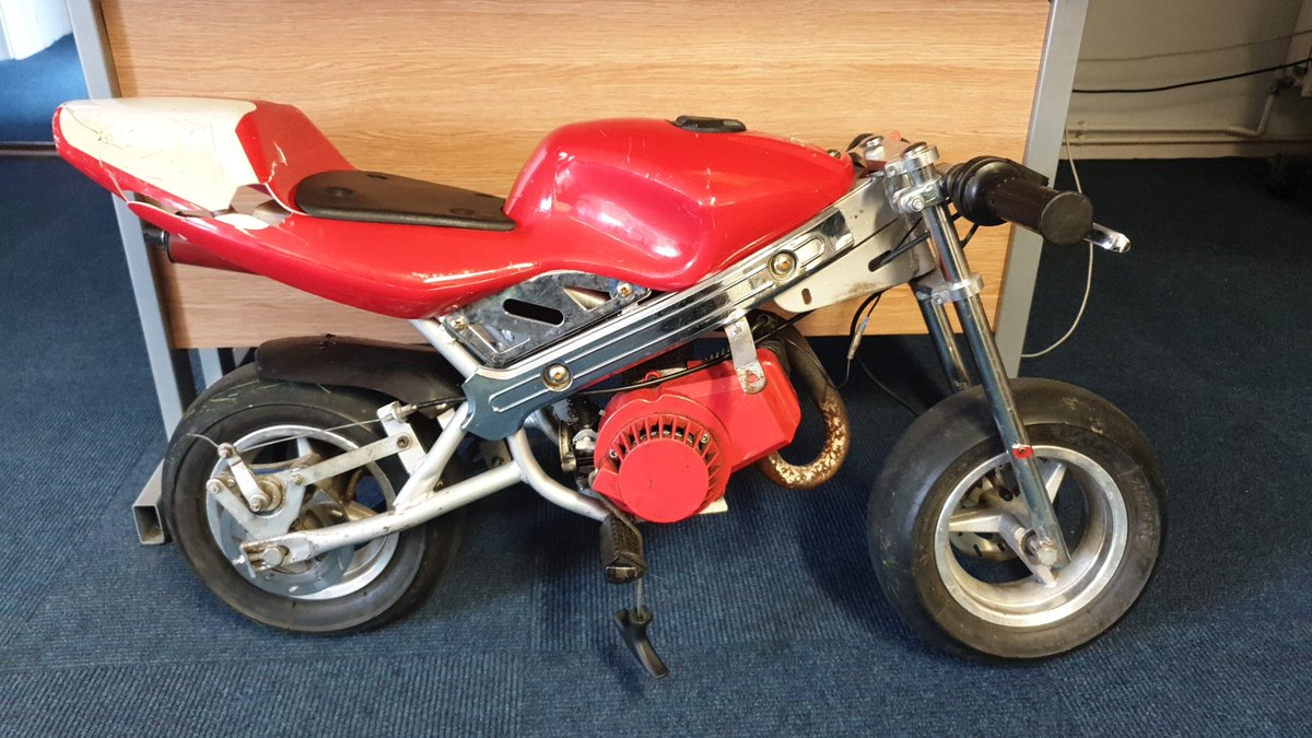 AbbeySNT's tweet photo. After numerous reports of ASB and information from local residents, we have today attended Rykneld Park and seized this mini moto. #AnotherOneOffTheStreet #Seized DC https://t.co/ok0OhDT0iT