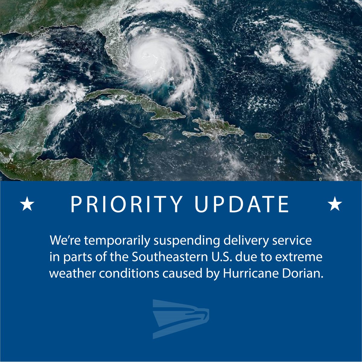 USPS's tweet photo. As a result of Hurricane Dorian, there a a number of service disruptions throughout the Southeastern U.S. Please check Service Alerts frequently for the latest information about mail delivery in your area. https://t.co/QSmS4LW0UJ https://t.co/19rq9merF3