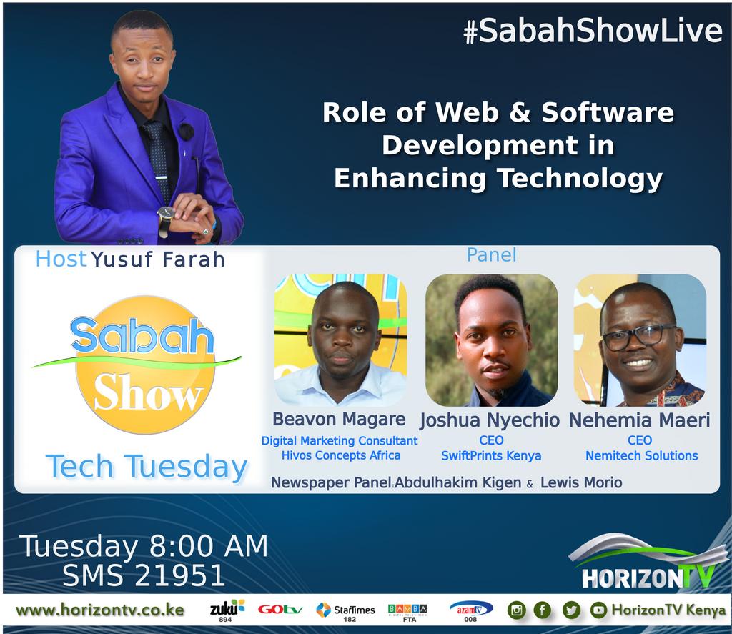 JamiaTvKenya's tweet photo. Tomorrow on #SabahShowLive Tech Tuesday, @farahjr002 will be discussing role of web &amp; Software Development in enhancing Technology in Kenya. On the panel will be Beavon Magare, Joshua Nyechio &amp; Nehemia Maeri. Tune in live from 8am with the Newspaper review. https://t.co/vUAY7oE0kU