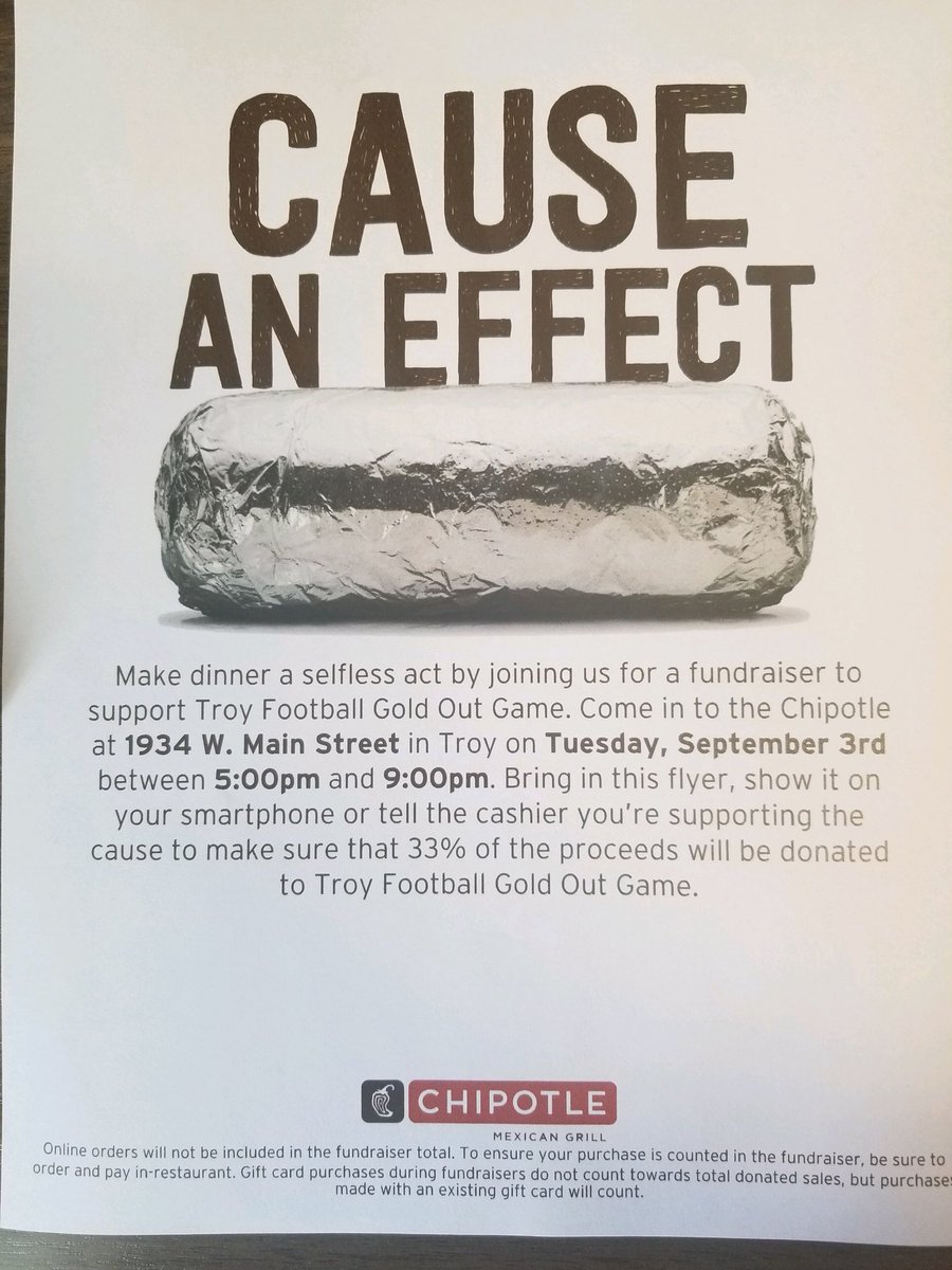 THSBigRedRumble's tweet photo. Hey, Trojan Fam! Instead of fixing dinner tomorrow come out to Chipotle, show them this flyer and 33% of the proceeds will be donated to the Troy Football Gold Out Game, which is then donated to Dayton Children’s! https://t.co/07m8cXGRPn