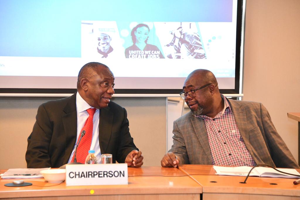 PresidencyZA's tweet photo. President Cyril Ramaphosa and Deputy President David Mabuza, today, held their first monthly meeting with the leaders of business, labour and communities to tackle the country’s employment crisis https://t.co/X1qP2xVaCn