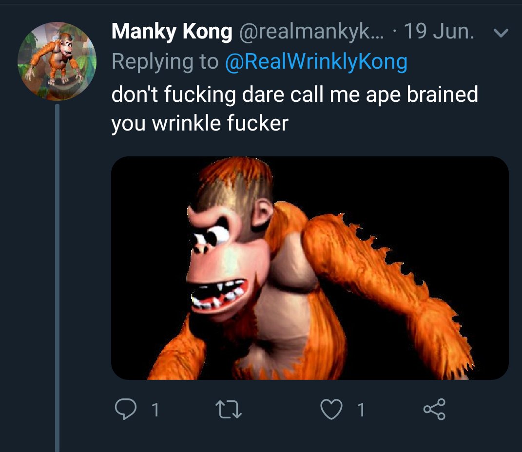 realmankykong's tweet photo. reflecting on all the times i had with my newly dead friend, @RealWrinklyKong. have fun in hell you soggy fuck https://t.co/D9EobmVWUa