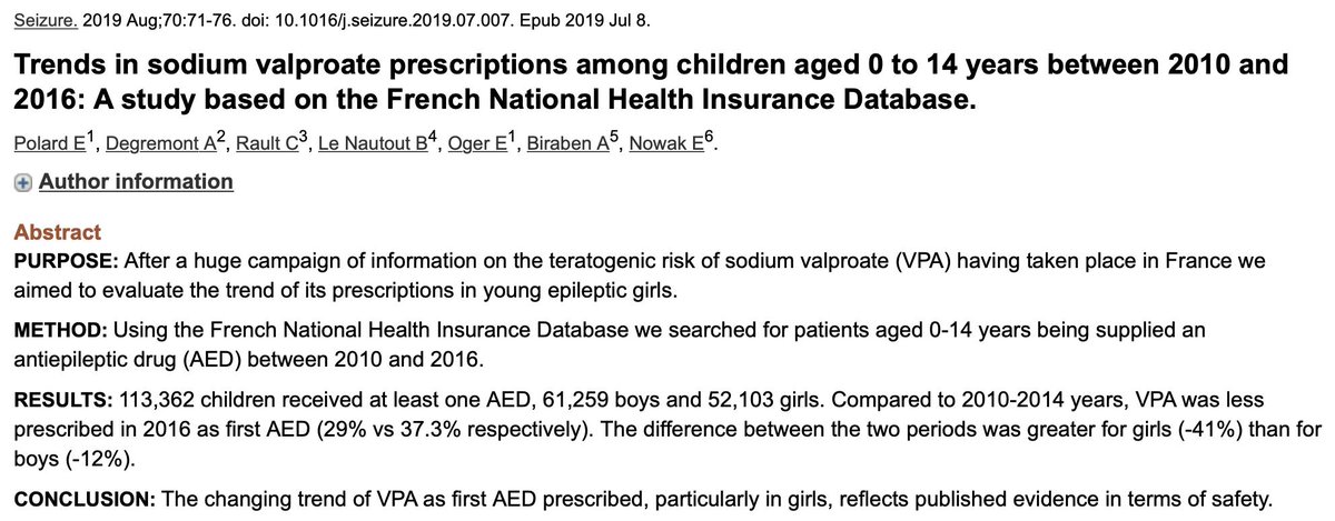 EReperes's tweet photo. New study published by E. Polard, @Adeline_dMdB et al. in @SeizureJournal regarding trends in sodium #Valproate prescriptions among children in France. #SNIIRAM @PharmacoRennes @Reseau_CRPV https://t.co/qv86Q3K9jg