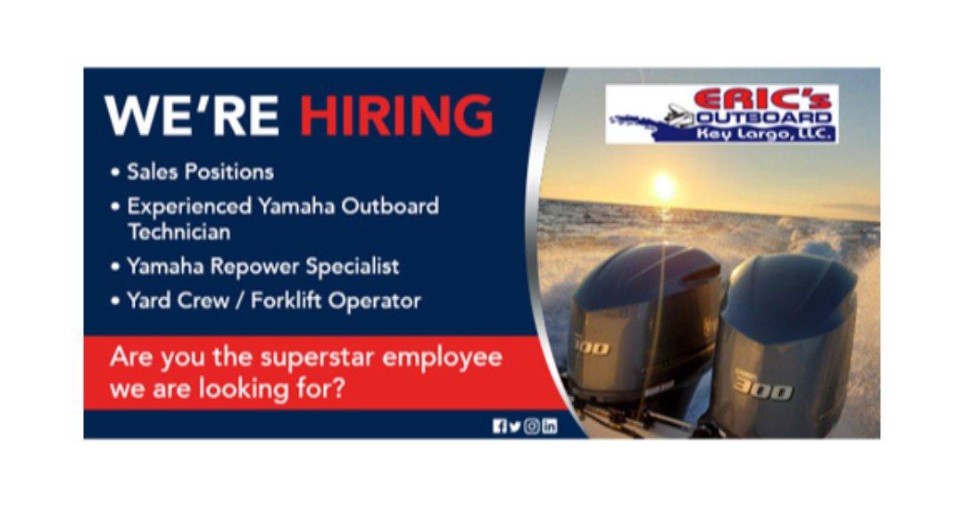 erics_outboard's tweet photo. Eric's Outboard Key Largo is NOW HIRING❗If you’re looking for an opportunity to expand your portfolio, we welcome you to apply. Send your resume to Jennifer@ericsoutboard.com

#ericsoutboard #ericsoutboardmarine #newcareer #ericsoutboardkeylargo #jobs #yamahaoutboard #keylargo https://t.co/aPL9vjfOaa