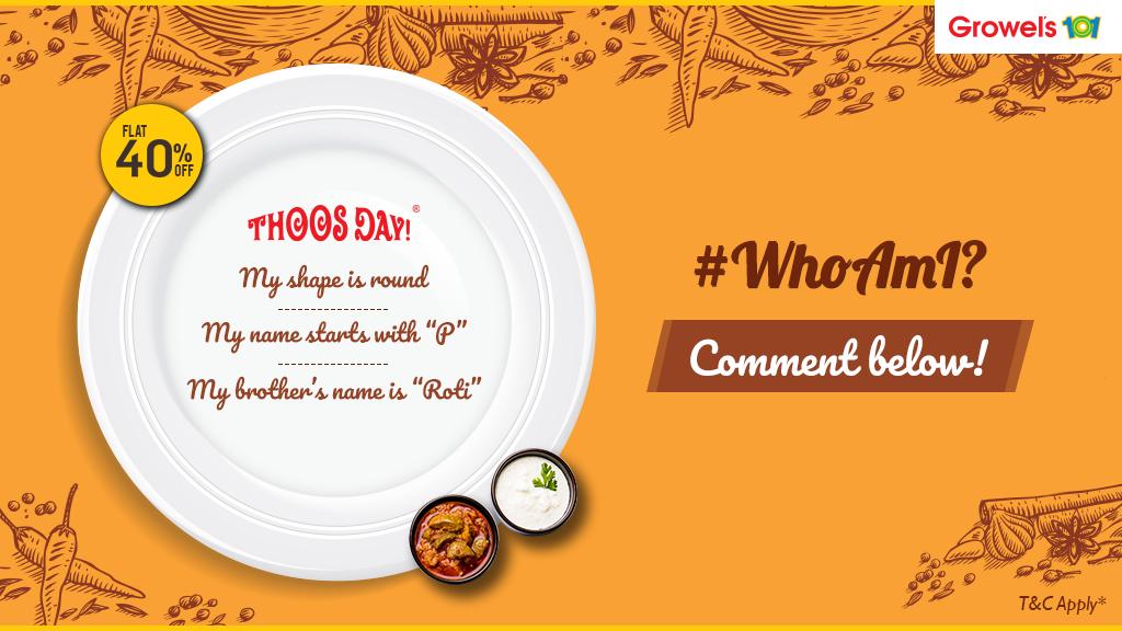 Growels101's tweet photo. Another hint: Goes best with curd and pickle. Can you guess the food item? Comment below with your answers and head to @Growels101 to avail flat 40% off at our food #court every #Thoosday (Tuesday)!
*T&C Apply.
#Food #Foodie #eateat #tastyfood #Growels101 #OfferAlert https://t.co/VUQDcCL1I8