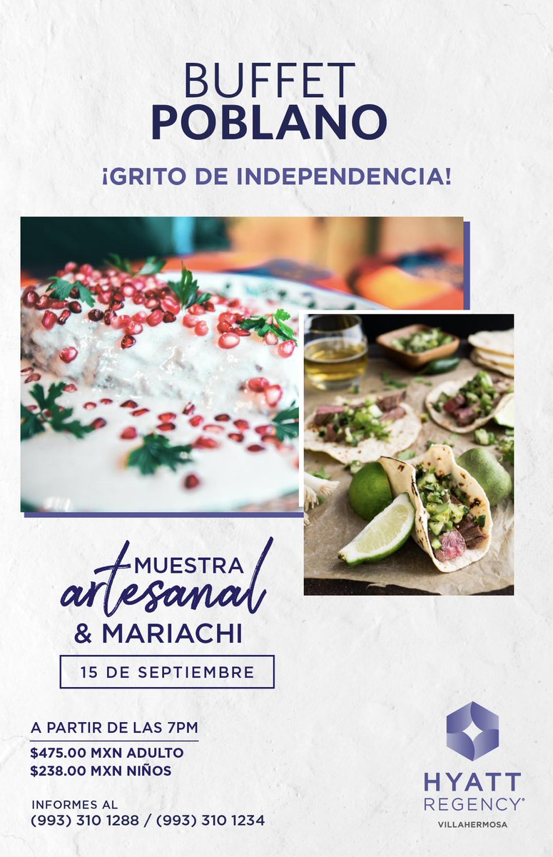 ¡Celebremos la independencia juntos!
Ven este 15 de septiembre a disfrutar de una noche mexicana con la mejor comida poblana, exposición de artesanías y mariachi!
' Te esperamos a partir de las 7:00 pm.
📞 Reservaciones: (993) 310 1288.
#HyattRegencyVillahermosa #Fiestamexicana