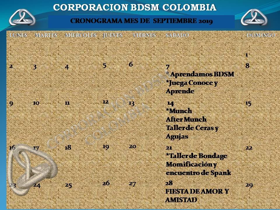 corporacionbdsm's tweet photo. Cronograma mes de septiembre 2019 #MUNCH #AFTERMUNCH #SPANK #TALLERDECERAS #TALLERDEAGUJAS #TALLERDEBONDAGE ##TALLERDEMOMIFICACION #FIESTAFETISH #APRENDOBDSM #JUEGOSBDSM #CONOCEDEBDSM #COLOMBIABDSM #BDSMCOLOMBIA https://t.co/ydDSWFo12L #CORPORACIONBDSM #CORPORACIONBDSMCOLOMBIA https://t.co/oLSHZEJN9B