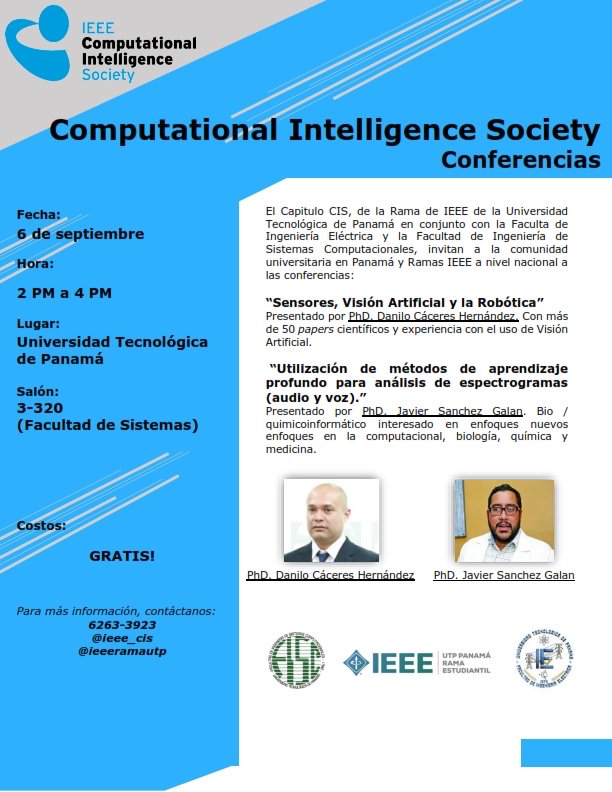 j_sgalan's tweet image. El capitulo estudiantil #ComputationalIntelligence de @ieeeramautp los invita a esta charla gratuita. El Dr. Cáceres @lsi_utp estaré presentando temas de sensado en robótica. Nosotros presentaremos algo de #DeepLearning para sonidos @utpfisc @extensionFIE @UTPInvestiga