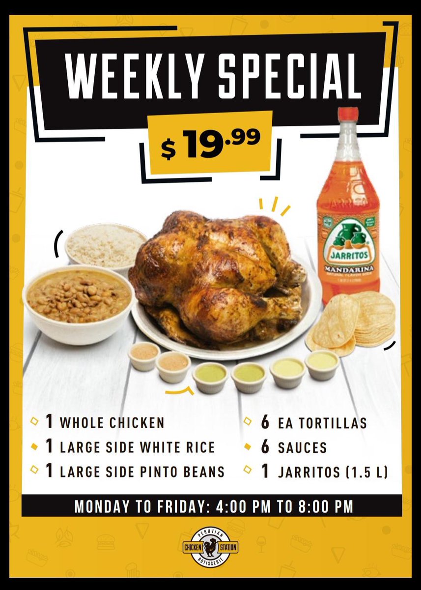 Come and try our Weekly Family Dinner Special. Available Monday-Friday from 4pm-8pm.

Terms and Conditions:
Valid Monday-Friday 4 P.M.- 8 P.M. Only. Valid for Dine in or Carry out. Not combinable with any other coupons or offers.