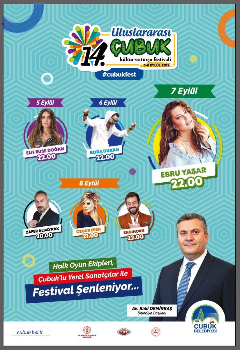 💙5️⃣❤️6️⃣🧡7️⃣💜8️⃣❤️💚Eylül’de birçok sanatçıların sahne alacağı 14.Uluslararası Çubuk Turşu ve Kültür Festivali’mize DAVETLİSİNİZ
#ÇubukTurşuveKültürFestivali
#cubukfest
#ÇubukabadParkı
#BakiDemirbaş
#ElifBuseDoğan
#BoraDuran
#EbruYaşar
#ZaferAlbayrak
#ÖzgürEren
#Engincan