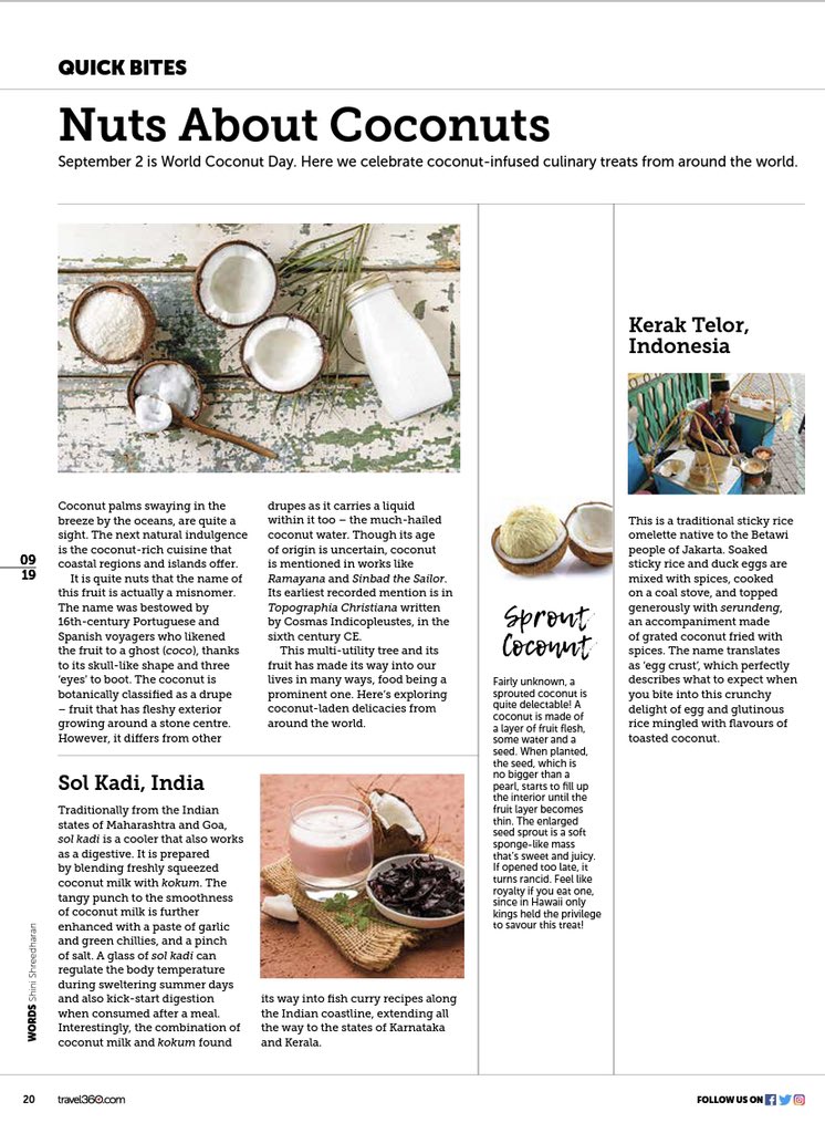 AirIndiaX's tweet photo. @HardeepSPuri A lovely coincidence indeed! Our September issue of in-flight magazine travel360 with an Onam cover feature, has a celebratory #WorldCoconutDay read fit for the day. #NutsAboutCoconuts #GodsOwnCountry #GodsOwnFruit https://t.co/C6S9HlG09K
