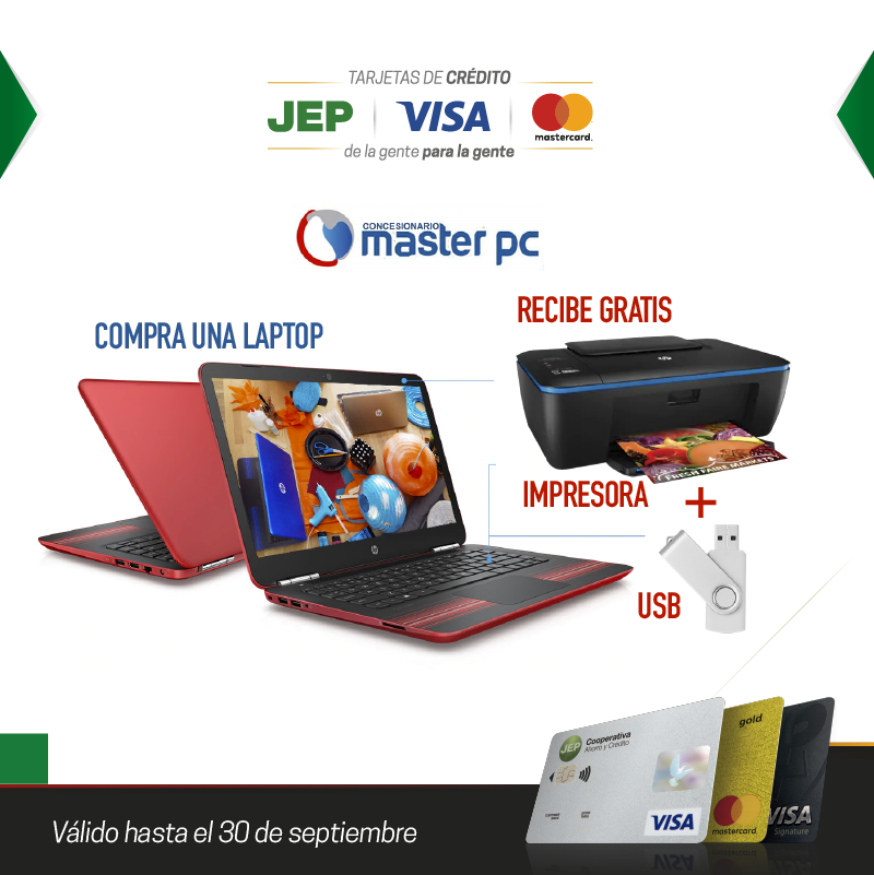 CooperativaJEP's tweet photo. En #MasterPC #Loja compra una laptop con tus #TarjetasJEP y recibe GRATIS una impresora HP + flash memory de 32GB. Difiere hasta 12 meses sin intereses. *Válido hasta el 30 de septiembre https://t.co/eTFvRFzHCK