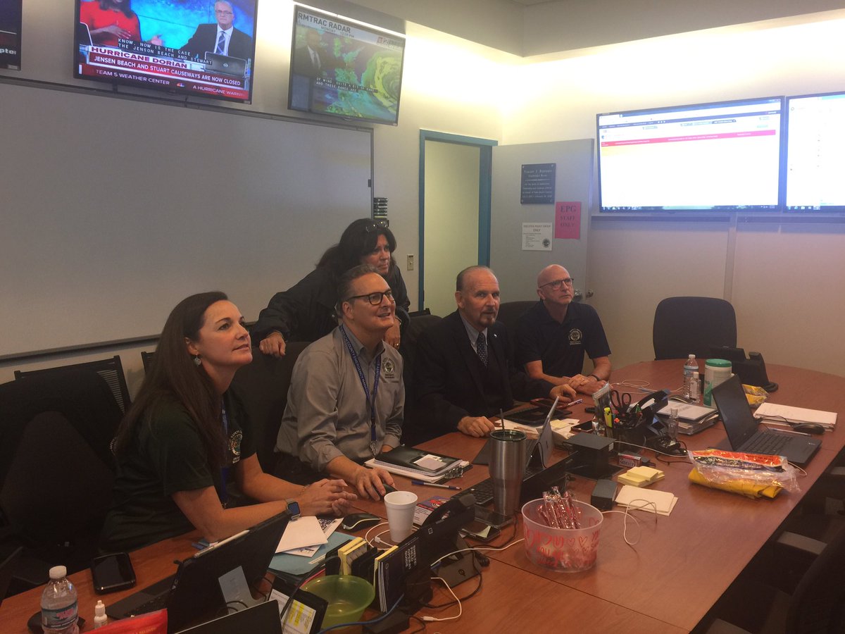 pbcloc's tweet photo. At the Emergency Operations Center they are having the 5th Municipal Emergency Management Representative Conference call for Hurricane Dorian where they are getting daily updates on shelters, closings, weather, potential curfews, and a multitude Hurricane related issues. https://t.co/C9XH1WCezF