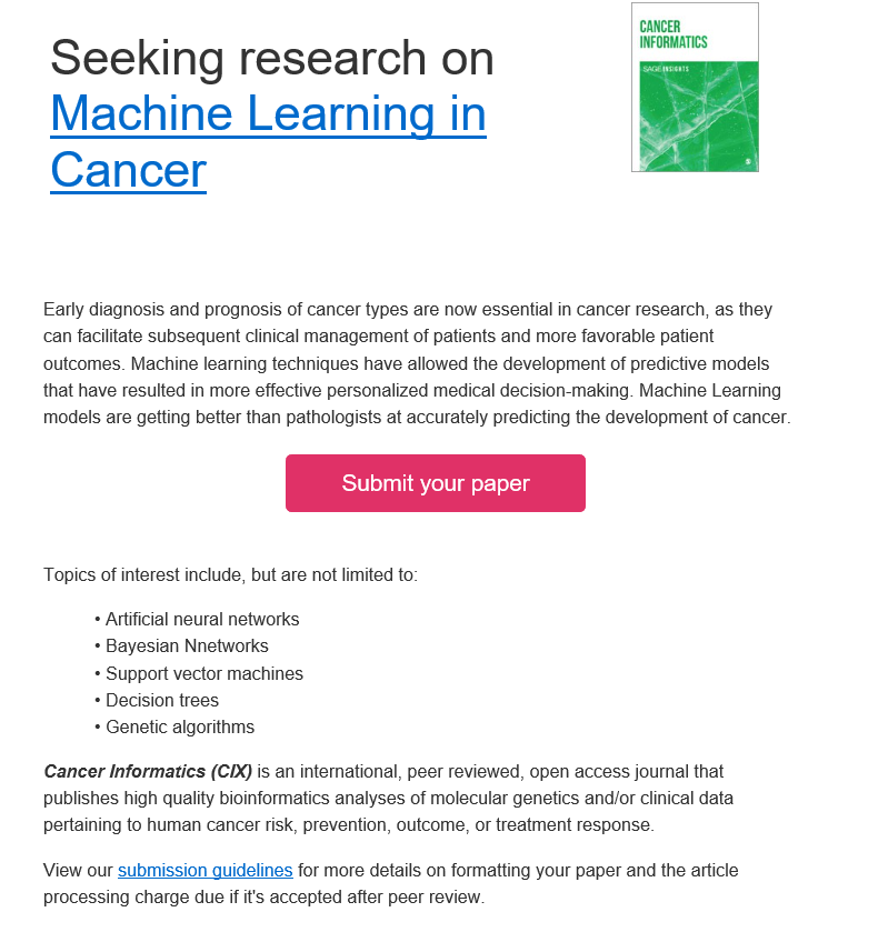 EvoBioinfo's tweet image. Do you work on #machinelearning applications in #CancerResearch? ----&amp;gt; publish in Cancer Informatics!
#bayesiannetworks, #supportvector #decisiontrees #genetics #algorithms info.sagepub.co.uk/q/1buHOt3PENlg…