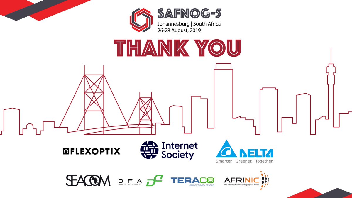 SAFNOG's tweet photo. A big shout out to the #Internet community #SAFNOG5 would not have been possible without the support of all speakers & attendees.
To #SAFNOG5 Sponsors @flexOptix, Delta, @internetsociety @SEACOM @DarkFibreAfrica @TeracoDC @AFRINIC — We value your partnership & support ❤️ https://t.co/g2fdLdeHzp