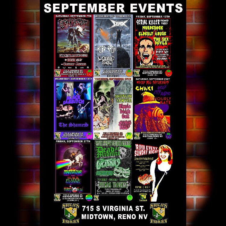 MoMoPromo33's tweet photo. #September #monthly #flyer #sheastavern #touchtunestv #metal #thrash #rockabilly #reggae #psychobilly #stonermetal #funk #garagerock #blues #bluesrock #serialkilller #serialkillerparty #80spunk #blackmetal #renopunk #renometal #punknroll #renomusic #renomusicscene #livemusic https://t.co/gZVwUwoCn7