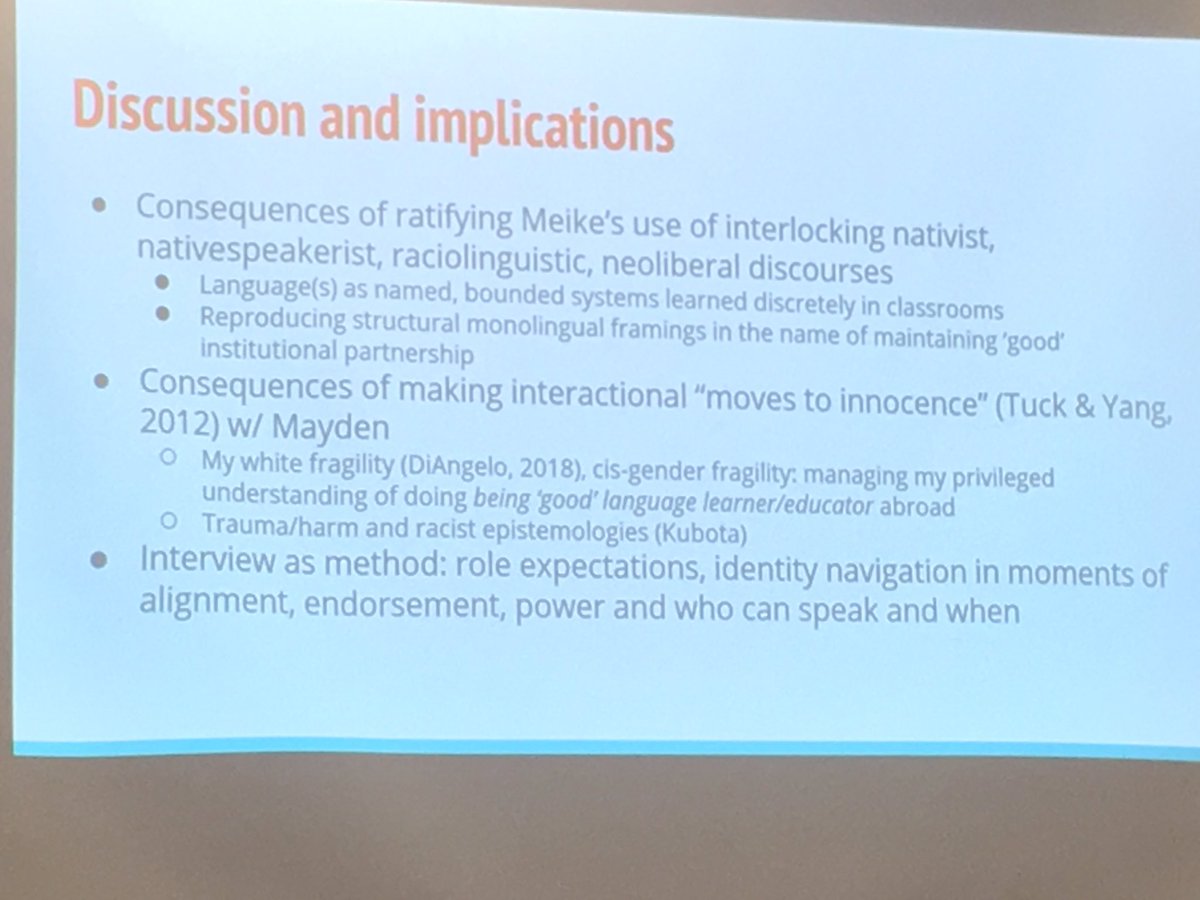 emmatrentman's tweet photo. @j_macca shows how we reproduce structural monolingualism in study abroad research even as we try to resist it and asks how we can stop doing this? #integrationism https://t.co/JG6nXP5Rz5