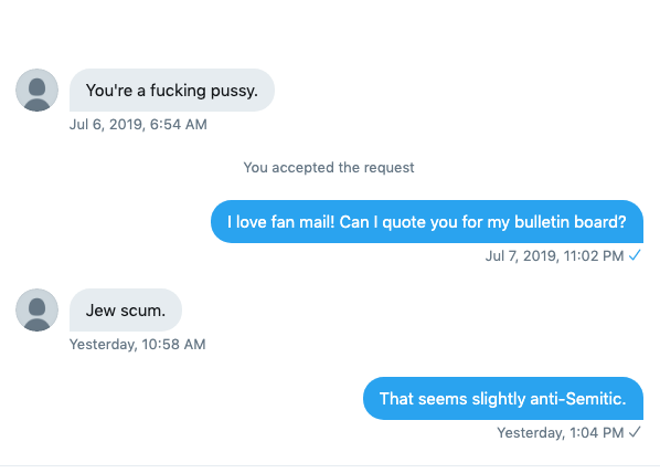 thereal_truther's tweet photo. I got a sweet message from an anti-vaxxer. Bless their hearts.
(Also why did it take him almost two months to respond to me?)
#antivax #AntiSemitism #hate #parforcourse https://t.co/f0PFJLNofd