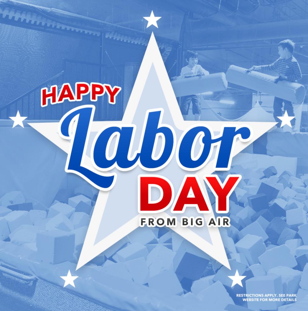 BigAirOC's tweet photo. Happy Labor Day from Big Air!  
Check Labor Day hours on your local Big Air website    
#Jumphappy #Nowherebutbigair https://t.co/p0L0STo1SI