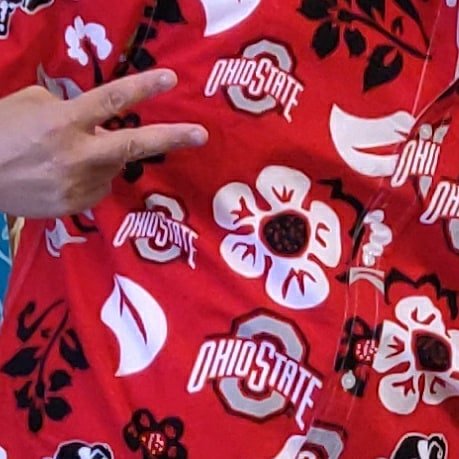 pastoreric's tweet photo. Who has the dopest of dope Hawaiian shirts? This guy. This guy right here. #GoBucks @OhioStateFB @ctsandusky https://t.co/cbljGoz1PF