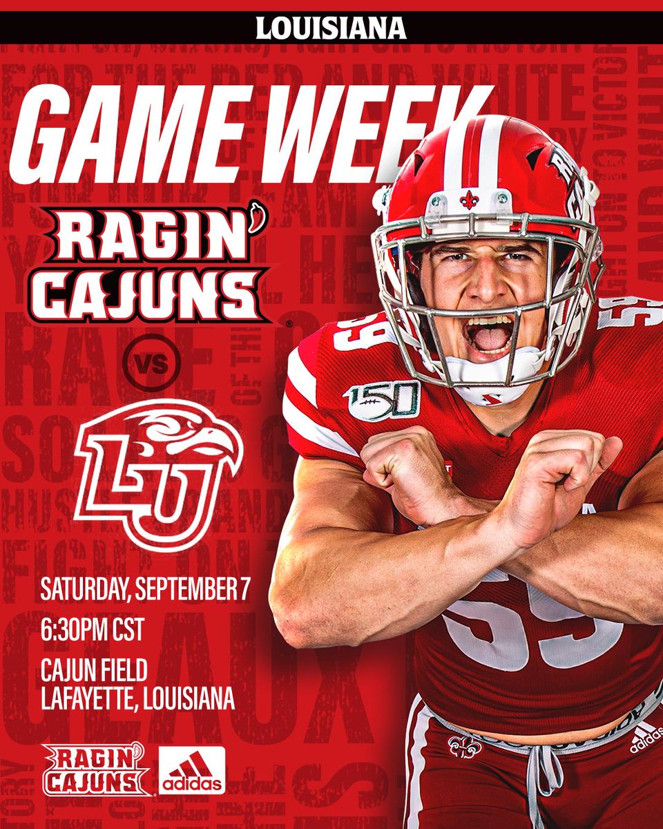 RaginCajunsFB's tweet photo. โ๏ธ Game Week Two is here. ๐๐ข๐ซ๐ถ๐ฏ ๐๐ช๐ฆ๐ญ๐ฅ ๐ฐ๐ฑ๐ฆ๐ฏ๐ฆ๐ณ. ๐๐ฆ๐ต'๐ด ๐๐ฆ๐ข๐ถ๐น!
๐: Liberty
๐ด: RED OUT
๐ฉ: Cajun Field
๐๏ธ: Saturday, Sept. 7
โ: 6:30PM kickoff
๐บ: ESPN+
๐ป: @espn1420
๐๏ธ: https://t.co/32oQ2rzt1K
#cULture | #GeauxCajuns https://t.co/gGrOqGf0Ue