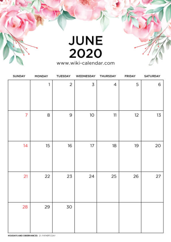 Download Floral June 2020 Calendar Printable Images