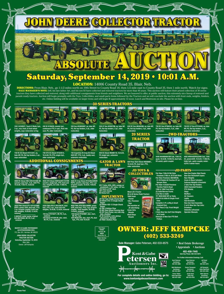 If you know any John Deere tractor enthusiasts let them know about this upcoming auction. Beautiful lineup of tractors &amp; collectibles right down the road here in Eastern, NE. RTs appreciated. DM if needed.
<a href="/MachineryPete/">Greg Peterson</a>  <a href="/jev4320/">Joe V</a> <a href="/JohnDeere/">John Deere USA</a> <a href="/maxarmstrong/">Max Armstrong</a> 
kentandgabeauctioneers.com