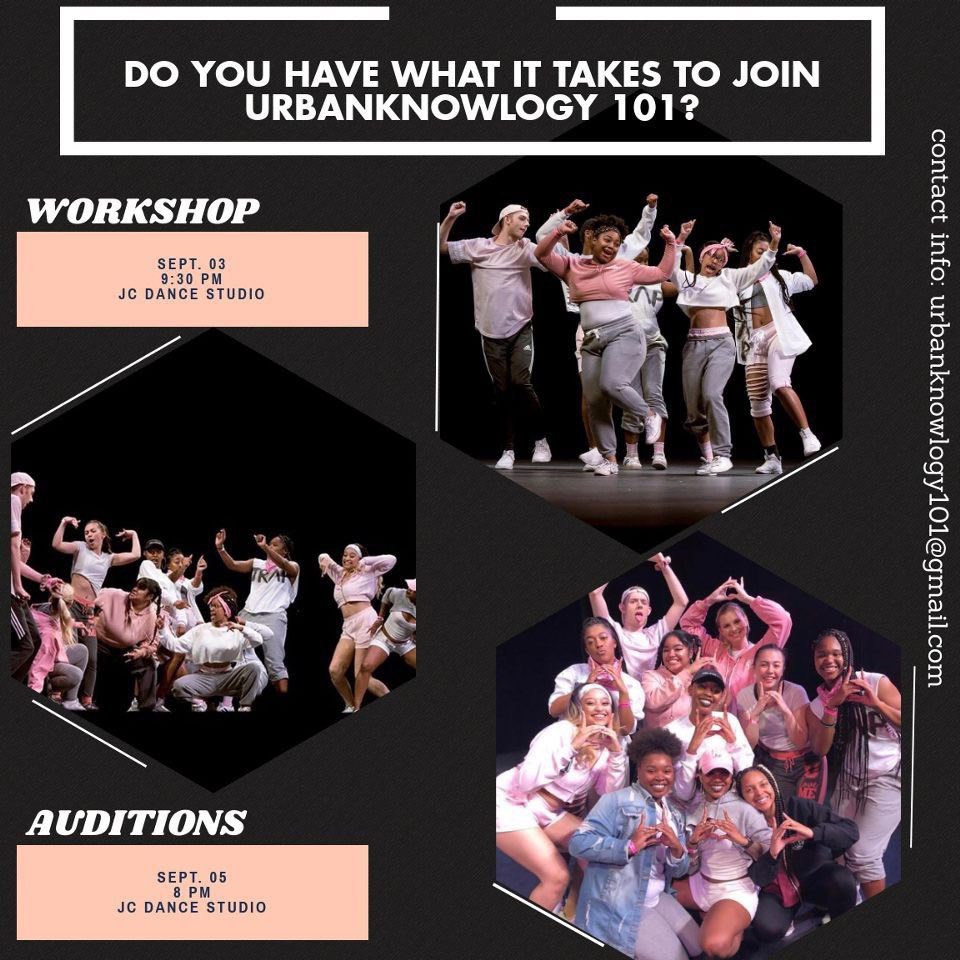 📣EXTRA EXTRA READ ALL ABOUT IT📣Got what it takes to join Urbanknowlogy 101? Come show off your best dance moves TOMORROW September 3rd in the JC Dance Studio at our FREE workshop and see what UK101 is all about‼️
(Dance experience is not required)
