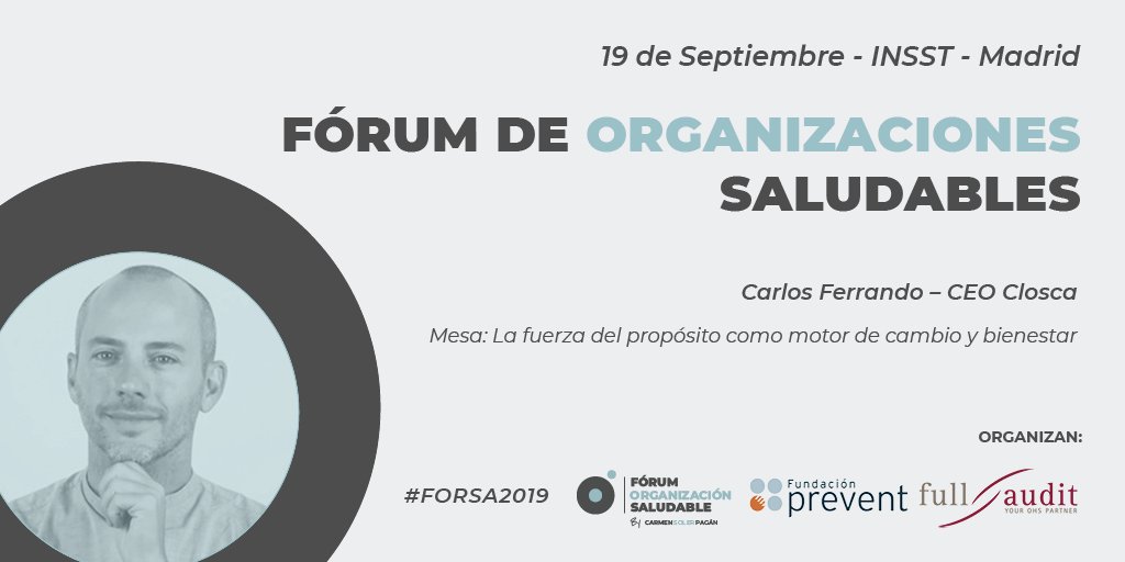 forumsaludable's tweet photo. #SaveTheDate #AgendaPRL 📢 Abierta la inscripción para #Forsa2019 en #Madrid #EmpresaSaludable #PRL #SST

⚫️ Inscripción: https://t.co/3wr1ObmHpT
📅 19 de septiembre
🚩  @INSST_MITRAMISS #Madrid
⏲ 09:30 h

Carlos Ferrando - CEO @closcadesign https://t.co/FDbozIqJjv