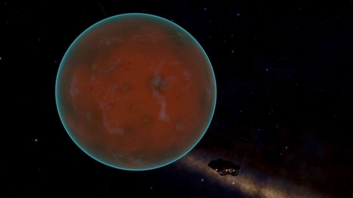 Niibl's tweet photo. Day 353 - Expedition Aqua
Me alone in the Black
An HMC in the outermost orbit of a class G sun. Not terraformable, but striking surface and atmospheric colouration. Composed of 50/50 nitrogen methane.
@EliteDangerous
@GalPhotoED
#EDPostcards
@MissionFarsight https://t.co/UGEzZtaAWJ