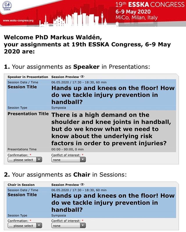 MarkusWalden's tweet photo. Happy that our symposium proposal was accepted to the ESSKA congress in Milan in May 2020 #KHAST #excellence #handball https://t.co/Yhcf3R00E3 https://t.co/FBTG1bQdIU