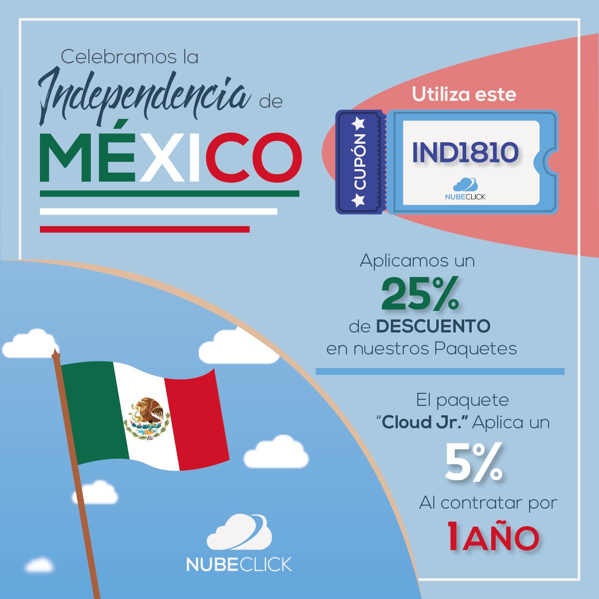 Nubeclick's tweet photo. ¿Hosting? 🌐 ¡Aprovecha un 25% de descuento por tiempo limitado! 😱 Canjea tu cupón y aprovecha esta promoción, servidores NubeClick = Potencia + seguridad garantizados.

☁☁ Click abajo ☁☁
👉 https://t.co/cxDfz7DoxD 👈

¡Fiestas patrias! 😁 👏 https://t.co/sz8Hp1E0TV