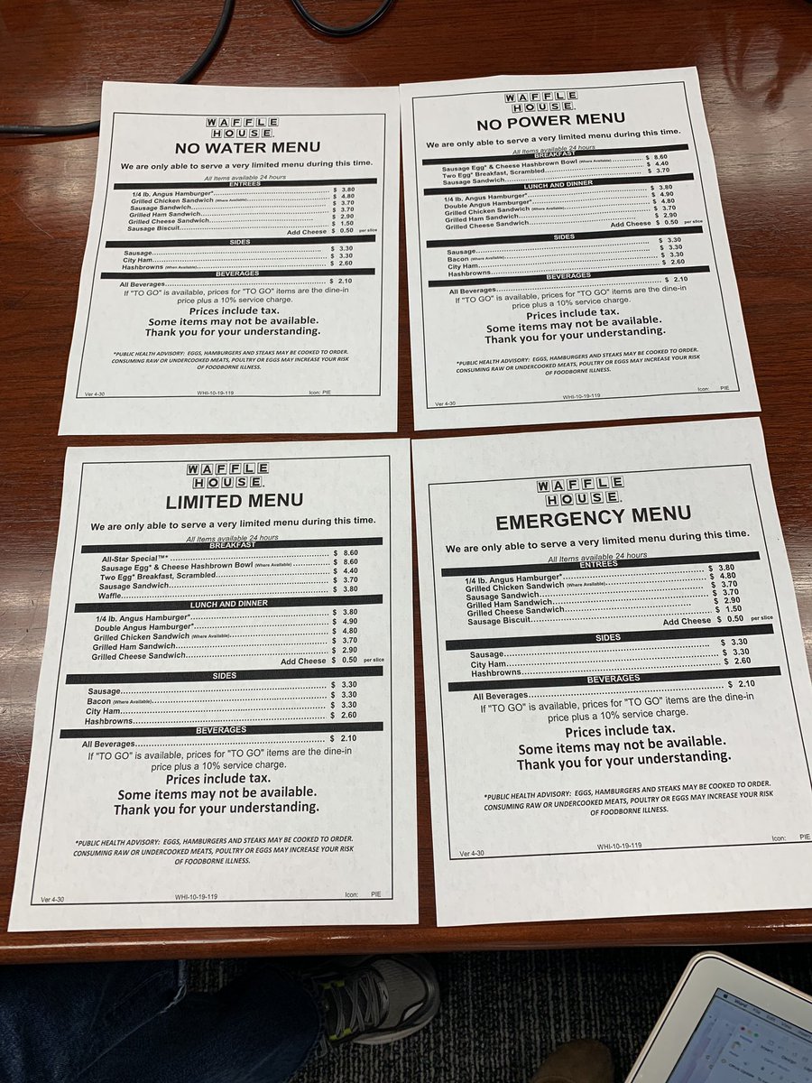 Waffle House has four “disaster menus” ready for each storm: no water, no power, limited (when some other non-WaHo stores/restaurants in the area are open) and emergency (when they’re literally the only place open). Prices are rounded to nearest 10th cent to make math easier
