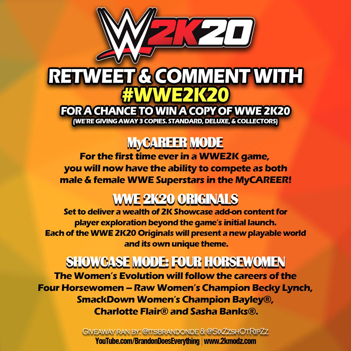 itsbrandonde's tweet image. 🚨#WWE2K20 GIVEAWAY🚨
@SixZzshOtRipZz &amp;amp; I will be giving away 3 copies of WWE 2K20! (Standard, Deluxe, &amp;amp; Collectors) 

In order to enter the giveaway, make sure to RETWEET &amp;amp; COMMENT with "#WWE2K20" in your comment! This giveaway will end in exactly one week from today.