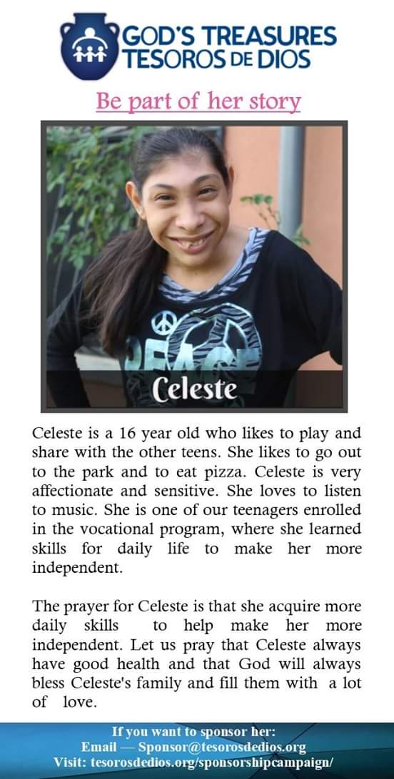 Hi! I present you sweet Celeste. She needs a sponsor. Please join us in prayer for Celeste and consider sponsoring her!! Or help us promote a sponsorship for her!! Visit tesorosdedios.org/sponsorshipcam… for more information! #bepartofourstory #tesorosdedios